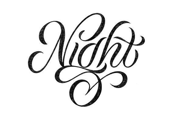 Elegant hand-lettered word "Night" in bold, artistic script with decorative swirls, set against a plain white background.