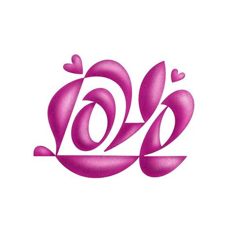 Stylized lettering artwork featuring the word "Love" in vibrant pink, surrounded by playful hearts.