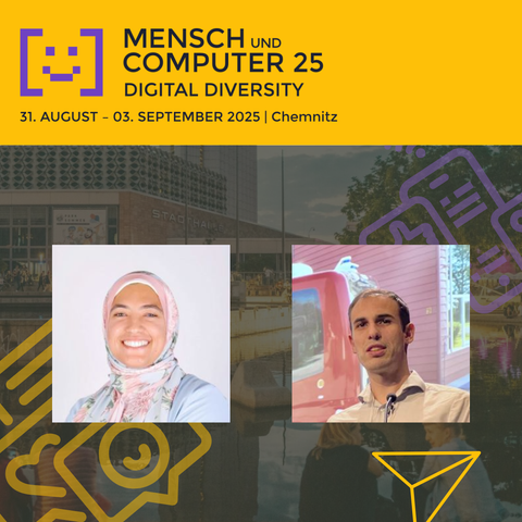 A picture with the banner of the conference and two pictures of each of the two workshop chairs side by side.