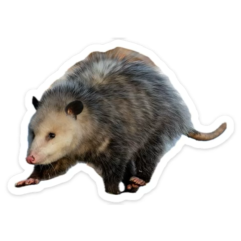 a sticker of a virginia opposum trotting along. there is a little white border around their fluffy grey body