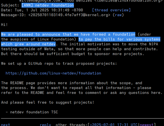 Screenshot of https://lore.kernel.org/all/20250701103149.4fe7aff3@kernel.org/