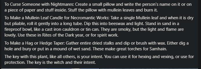 To Curse Someone with Nightmares: Create a small pillow and write the person's name on it or on a piece of paper and stuff inside. Stuff the pillow with mullein leaves and burn it.

To Make a Mullein Leaf Candle for Necromantic Works: Take a single Mullein leaf and when it is dry but pliable, roll it gently into a long tube. Dip this into beeswax and light. Stand in sand in a fireproof bow, like a cast iron cauldron or tin can. They are smoky, but the light and flame are Tovely. Use these in Rites of the Dark year, or for spirit work.

To Make a Hag or Hedge Taper: Gather entire dried stalks and dip or brush with wax.Either dig a hole and bury or put in a mound of wet sand. These make great torches for Samhain.

The key with this plant, like all others, is your intent. You can use it for hexing and vexing, or use for protection. The key is the witch and their intent.