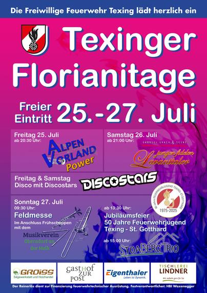 Ein lila Festplakat. Darauf steht Texinger Florianitage vom 25.07. - 27.07.2025.