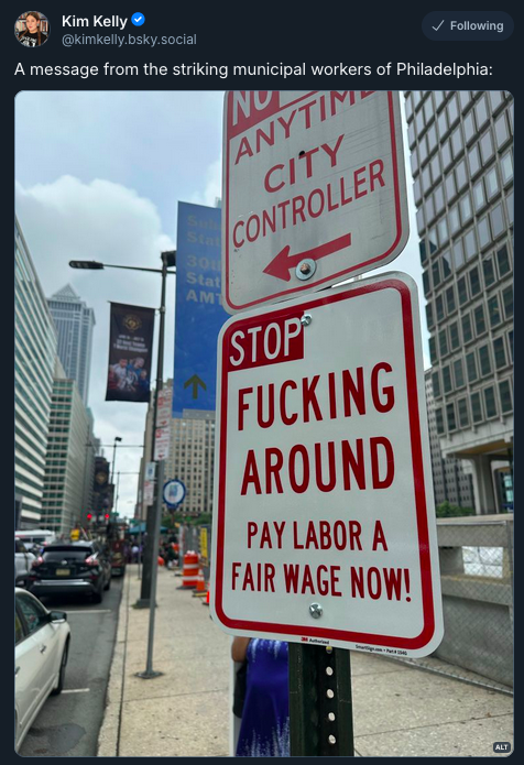 screenshot of a post showing a photo of an actual parking sign only it reads "stop fucking around pay labor a fair wage now"