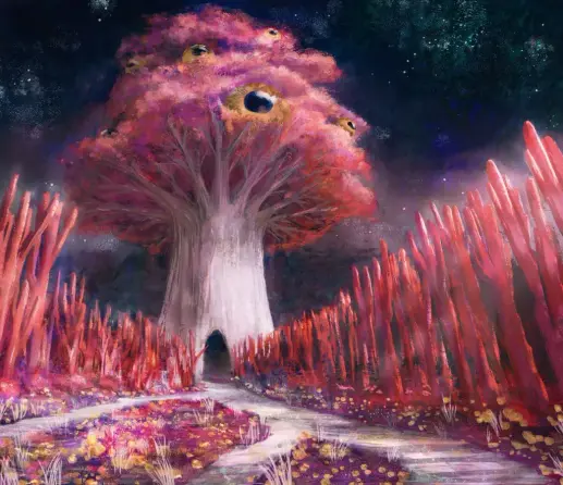 A fantasy illustration of a giant white tree under a night sky, but brightly lit. We have a frog's perspective at it through a small cleared path among pink reeds and yellow flowers towards a door in its massive trunk. The red and purple foliage barely hides seveal enormous, golden eyes, looking out at the landscape.