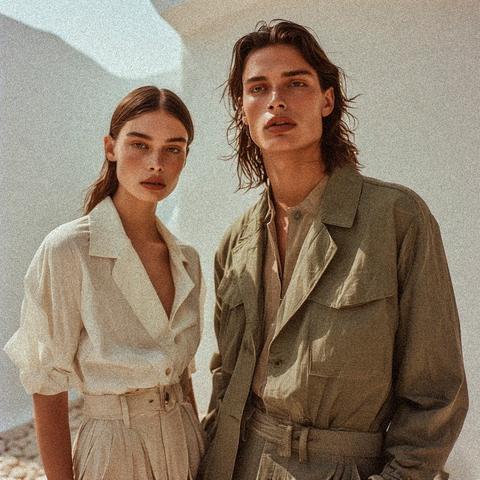 A man with woman. With clothing with lapels. man with shoulder-length hair. Woman with longhair with tucking behind ears.