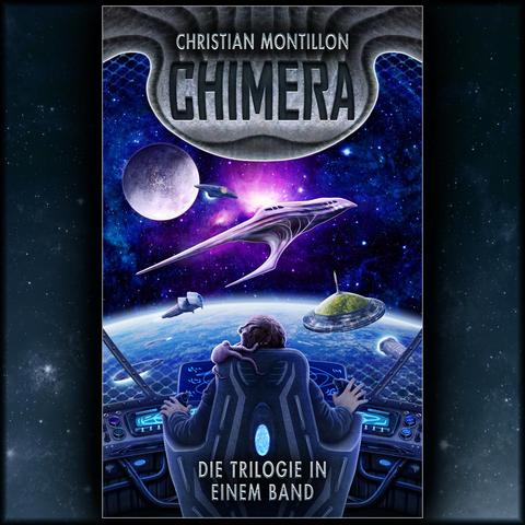 Altes Chimera-Cover: Cockpit eines Raumschiffes, die Erde, der Mond, viele Raumschiffe, der Pilot von hinten im Pilotensessel.
