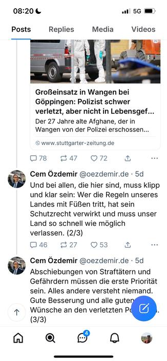 Screenshot der Forderung von Cem Özdemir: "Und bei allen, die hier sind, muss klipp und klar sein: Wer die Regeln unseres Landes mit Füßen tritt, hat sein Schutzrecht verwirkt und muss unser Land so schnell wie möglich verlassen."