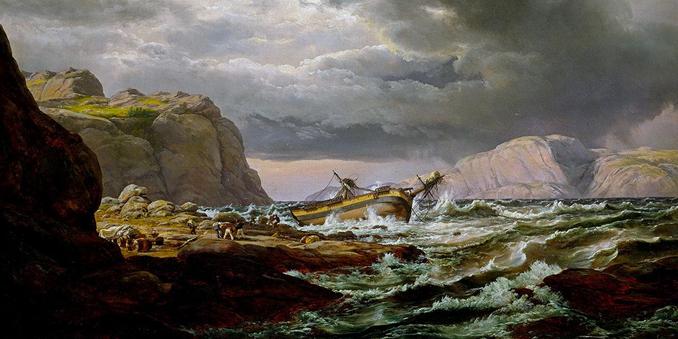 Dipinto che ritrae una scena di naufragio, con una nave che sta per schiantarsi su alte scogliere che terminano brughiere nordiche. Il cielo è grigio cupo, il mare quasi verde