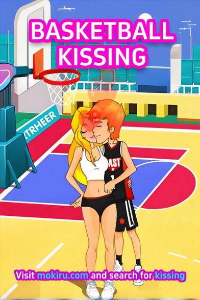 Two animated characters share a kiss on a basketball court. One character, with blonde hair and a white top, stands close to another with orange hair, wearing a "East" basketball jersey. The background features a hoop, bleachers, and a scoreboard.
