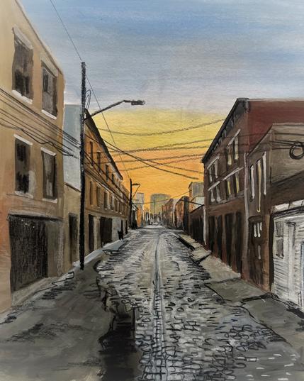 Painting of Court Street in Hoboken at sunset, featuring a narrow cobblestone road flanked by old brick buildings on both sides. Power lines crisscross above, and a warm yellow-orange glow fills the sky, fading into blue higher up. The perspective draws the viewer’s eye toward the distant skyline at the end of the street.