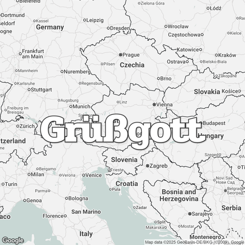 Map of Austria overlaid with a translation of the word "hello": Grüßgott.