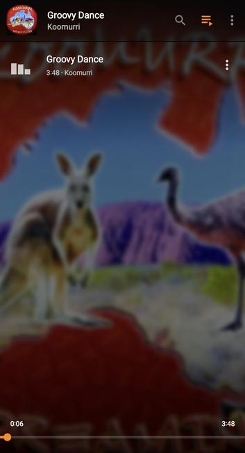 Koomurri Dreaming cover.  Kangaroos and emu blue and orangish.
Groovy Dance playing.
