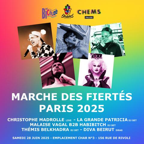 affiche avec les photos de 5 artistes sur le char bi’cause, shams, chems pause. christophe madrolle, la grande patricia, malaise vagal b2b habibitch, thémis belkhadra, diva beirut