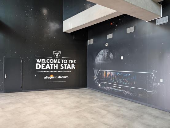 A sign that says Welcome to the Death Star as we entered Allegiant Stadium.
