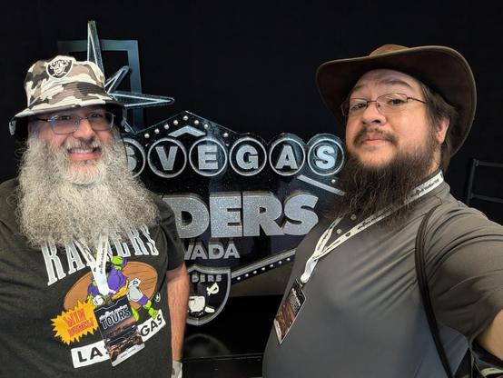 Westhoff and I in front of a Las Vegas Raiders sign at the beginning of the stadium tour.