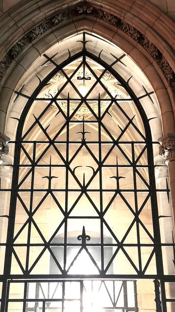 Cathedral gate composed of a decorative diamond shaped latticework grid. White light floods the space from a window opposite making the dark iron work stand out clearly.
