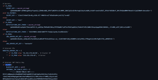screenshot showing API keys checked into repo