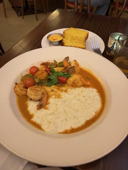 Shrimp and grits and cornbread at Red Rooster.