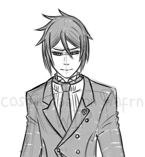Digital greyscale sketch of Sebastian Michaelis from Black Butler, drawn from the waist up. He has an expression of pain or anguish.