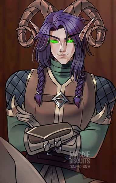 An illustration of a gently smiling male blood elf demon hunter from World of Warcraft, with brown, ridged looped horns, and dark purple-black hair done in two braided pigtails with long bangs. He is wearing brown and green leather armor and is seated comfortably against a wooden wall with his gloved arms crossed against his chest