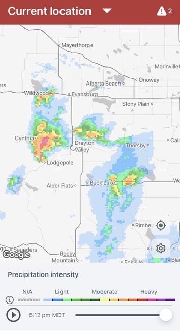 Environment Canada radar track for storm with likely tornado(es) east of Edmonton, Alberta, Canada on July 2, 2025.
