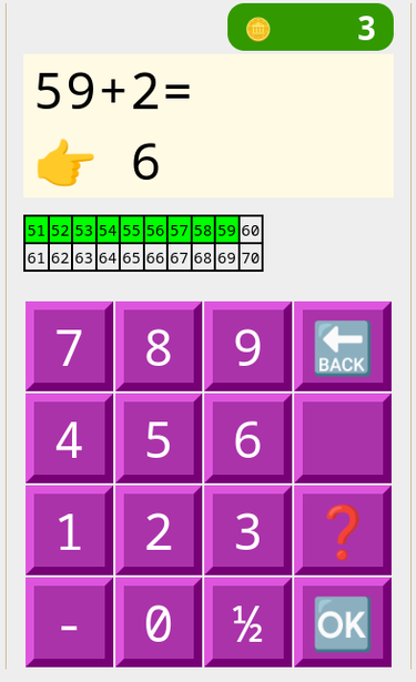 Game with calculator-like layout for arithmetic problems. Showing 59 + 2 and a chart of numbers between 51 and 70. A score counter at the top and the input buttons at the bottom.