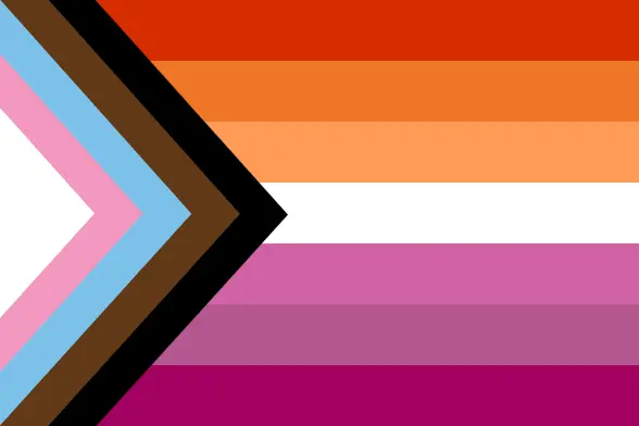 7-stripe "sunset" lesbian flag with the progress pride chevrons overlayed on the left.