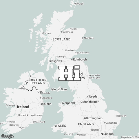 Map of United Kingdom overlaid with a translation of the word "hello": Hi.