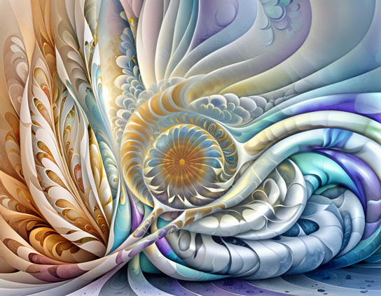 Intricate flowing fractal folds with feather-like curves and spiral layers, with abstract organic motifs in soft pastel sunrise colors, radiating from a glowing floral core.