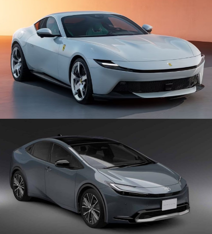 Promotional photos of current Ferrari and Toyota Prius models, which look surprisingly similar in light of the cost differential.