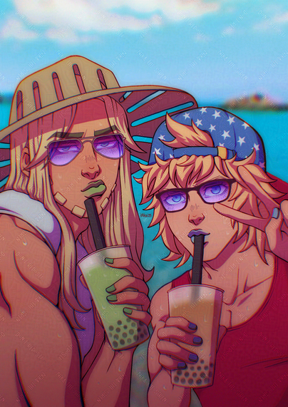 Digital illustration of Gyro Zeppeli and Johnny Joestar from Jojo's Bizarre Adventures: Steel Ball Run.
Gyro and Johnny are posing for a selfie at the beach, both of them drinking a boba tea and wearing sunglasses. Gyro wears his typical hat and a white t-shirt. Johnny wears a blue cap with white stars backwards and a reddish top tank.