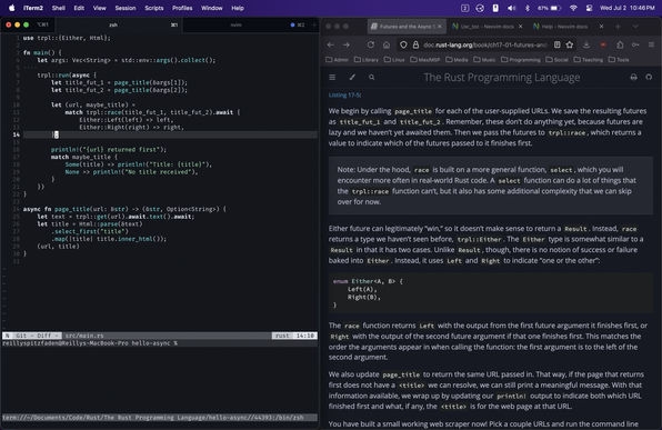 macOS screenshot of iTerm2 and Firefox. 

iTerm2 has a Neovim window with a Rust textbook example in the upper split, and a small lower split with a terminal. Neovim has the default theme—a dark, minimalist one with blue-green accents. 

Firefox has chapter 17 of The Rust Programming Language open, and some Neovim manual tabs.