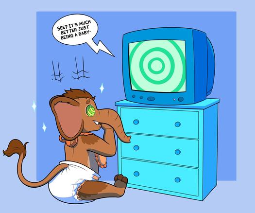 Anthropomorphic baby mammoth sitting in front of a TV in a diaper and a baby bib. His eyes are being pulled towards the green swirls that are spinning on the TV. The baby mammoth is fully hypnotized, his eyes are filled with colorful swirls and his thumb is in his mouth. The TV repeats a sentence over and over again. 

 "See? It's much better just being a baby."