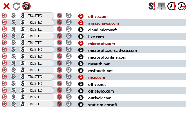A screenshot of the NoScript (web extension) interface on outlook.office.com. It shows 14 different domains, all but one of which belong to microsoft, pulling in javascript for the online Outlook application.