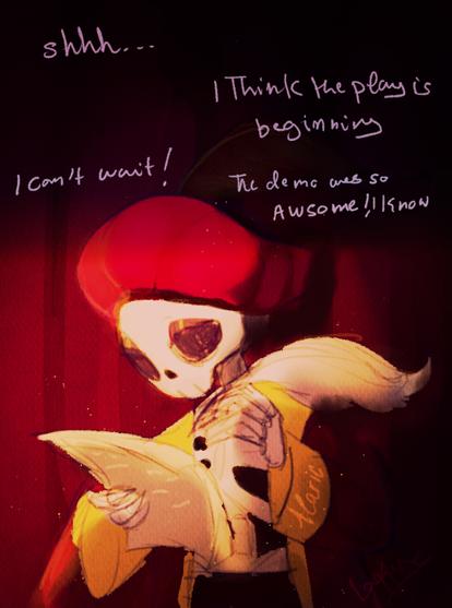 Chibi PFP / art drawn by Silver for Alaric, indie game dev / director / writer / artist / programmer / meme machine who wears a lot of hats. The cute skeleton has on a fluffy red beret, long regal robes, and is writing with a large white quill on a piece of paper with gilded text. She stands in front of a red curtain, practically blending into it. Text at the top indicates an audience on the other side, with the text reading "Shh..." "I think the play is beginning" "I can't wait!" "The demo was so awesome!" "I know"