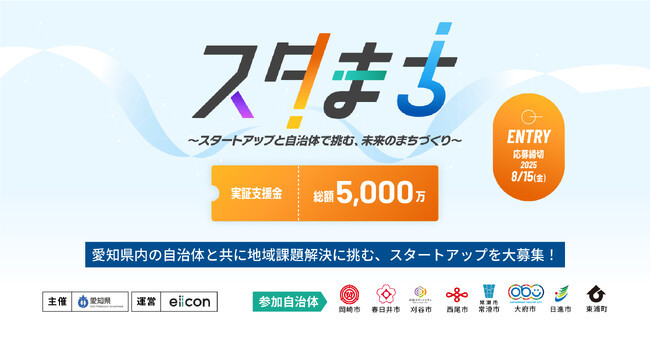 【 愛知県 × eiicon 】愛知県内8自治体の地域課題解決に挑むスタートアップ等の募集開始！『スタまち ースタートアップと自治体で挑む、未来のまちづくりー』 (2025年7月3日)