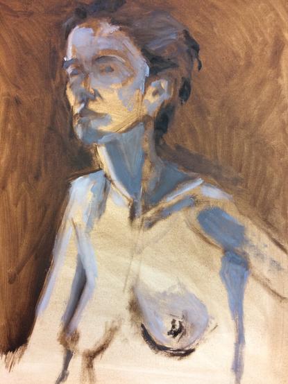 Painted portrait study of a female art model. She is seen from head to breasts, in a three quater view. She looks to the left of the image. The background is brownish, her face and body in blueish tones.