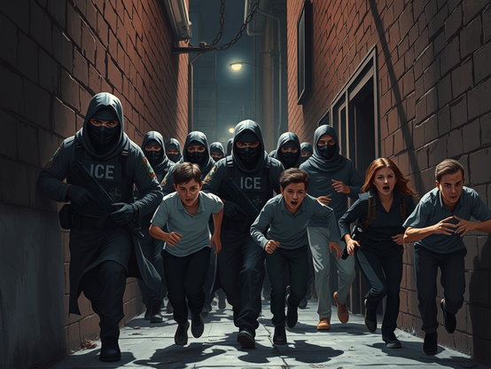 A group of people running away in an alley, chased by individuals in tactical gear labeled 'ICE', highlighting themes of immigration enforcement.