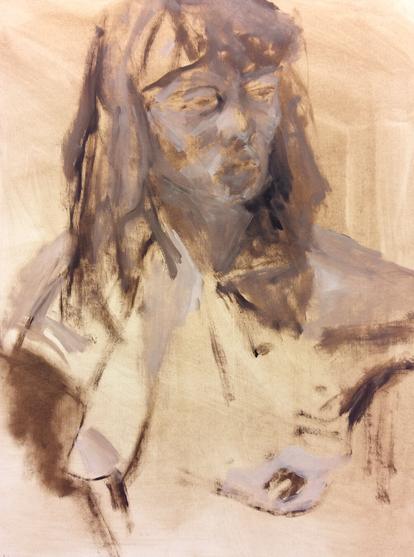 Painted portrait study of a female art model. She is seen from head to breasts, in a three quater view. She looks to the right of the image. The background is brownish, her face and body in blueish tones.