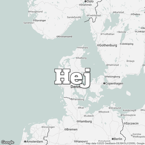 Map of Denmark overlaid with a translation of the word "hello": Hej.