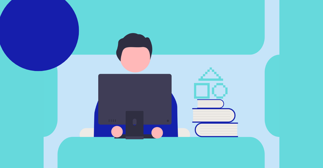 Grafik, auf der eine männlich gelesene Person hinter einem Computerbildschirm sitzt. Daneben liegt ein Stapel Bücher.