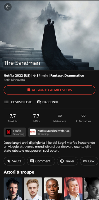Screenshot dell'app Showly che mostra la serie The Sandman.