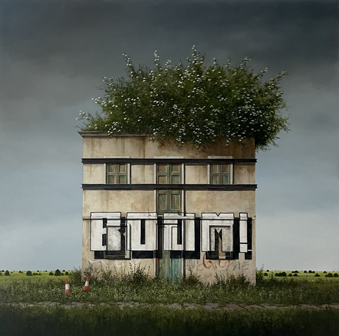 An abandoned building with a tree growing out of the top of it. Graffiti spells out BOOM! on the front.