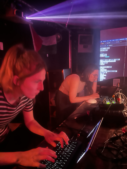 Lu and V at the booth on laptops. Strudel on the projector in the background