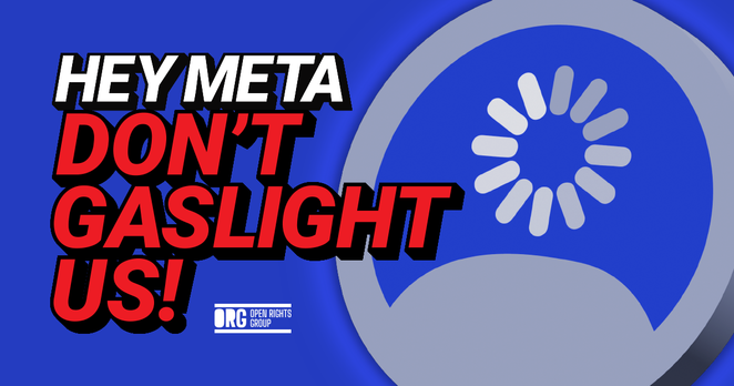 Text: Hey Meta, Don't Gaslight Us! Image: Blue background with a large social Media profile icon in grey with a loading refresh icon in the place of the head.