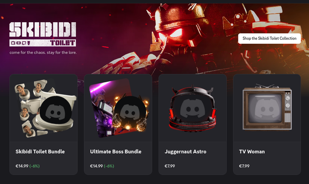 Advertisement in Discord's in-app shop, for buying "Skibidi Toilet" avatar decorations for 8€ to 15€