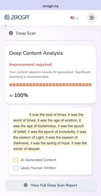 ZeroGPT showing a famous passage from A Tale of Two Cities by Charles Dickens as being 100% AI generated.