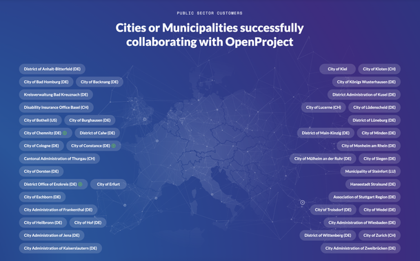 Cities or Municipalities successfully collaborating with OpenProject - Followed by a large list of customers, most of them from Germany