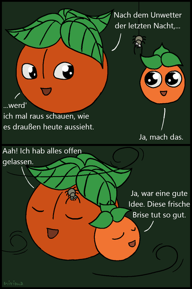 ein Tomaten-Comic bei dem die große Tomate nach einem nächtlichen Unwetter draußen nachschaut, ob alles ok ist und danach gemeinsam mit der kleinen Tomate und der Spinne die kühle Brise beim Durchlüften genießt.